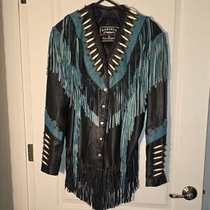 Barneys New York Black and Teal Leather Jacket with Fringe